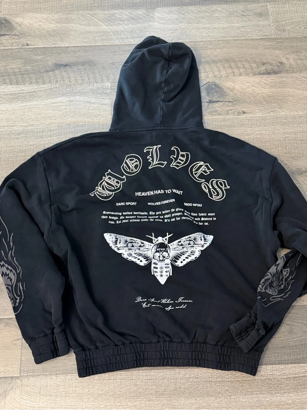 Darc Sport Black Hoodie with White Gothic Wolf and Moth Graphics